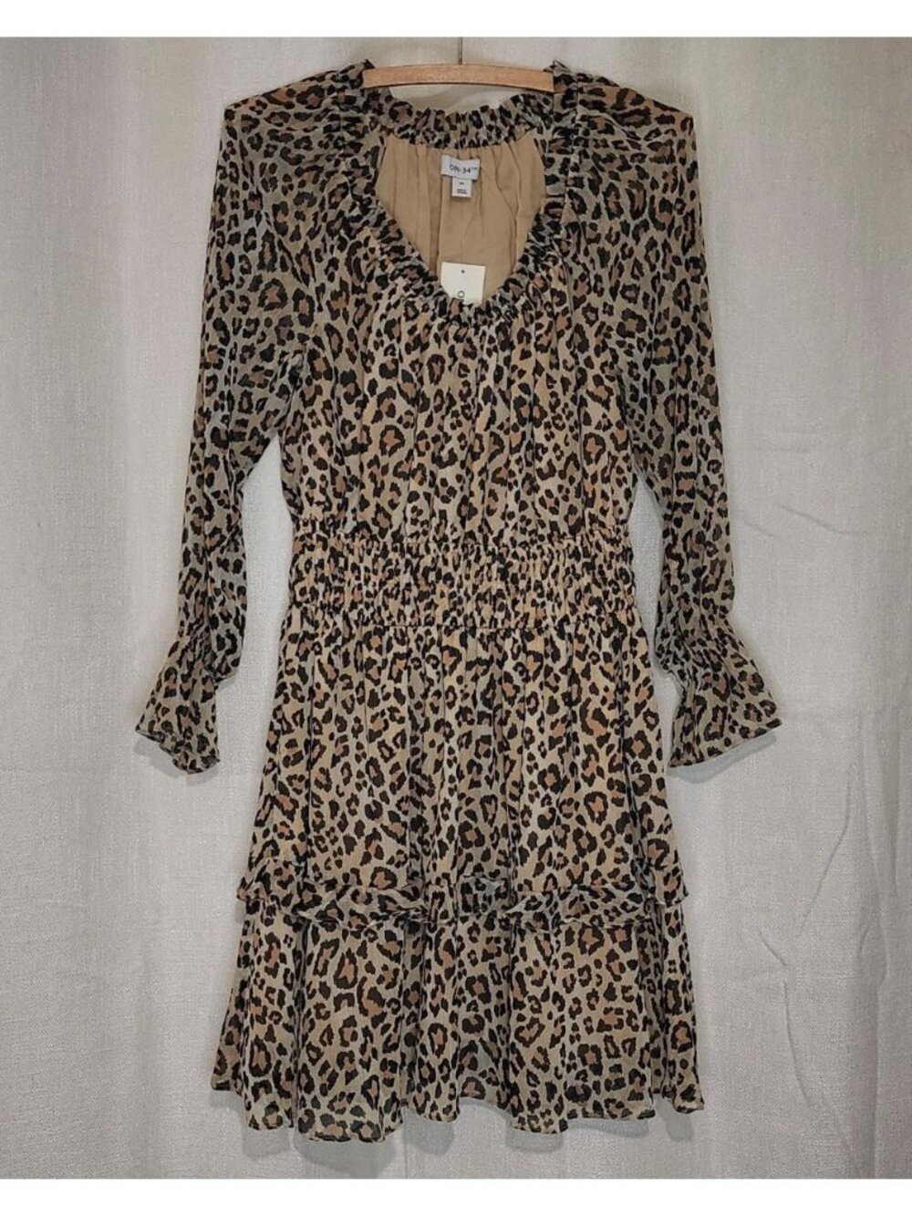 On 34th Women's Mini Dress Smocked Tiered Long Sleeve Animal Print Size XS NWT